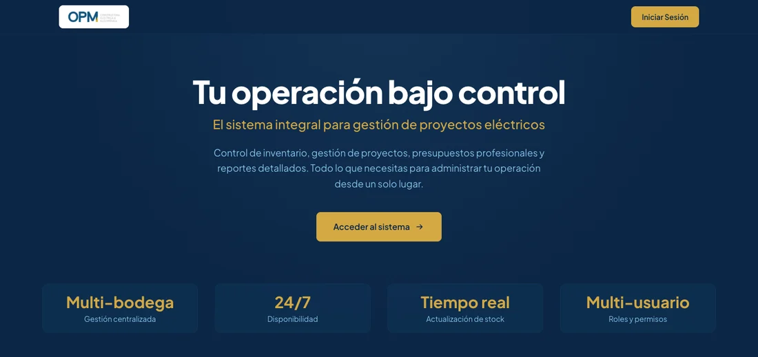 Pantalla de inicio del ERP de OPM para gestión de proyectos eléctricos