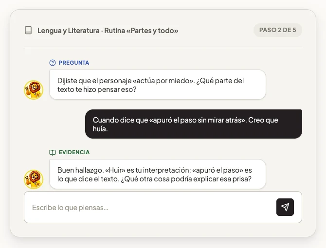 Sesión de TBL Home: el tutor Aslan pide al estudiante evidencia del texto